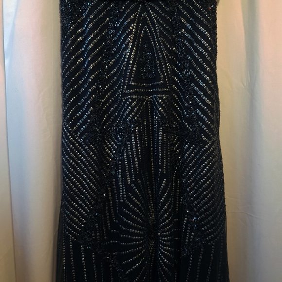 Anthropologie AIDAN MATTOX Navy Sheer Silver Sequin Maxi Gown 6 - Picture 6 of 11